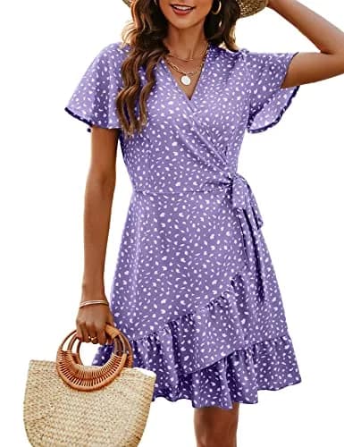 Naggoo Short Dresses for Women Wrap V Neck Floral Print Mini Dress Light Purple L | Breathable, Lightweight Summer Style thumbnail 1