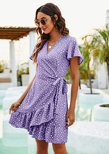 Naggoo Short Dresses for Women Wrap V Neck Floral Print Mini Dress Light Purple L | Breathable, Lightweight Summer Style thumbnail 4