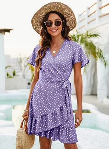 Naggoo Short Dresses for Women Wrap V Neck Floral Print Mini Dress Light Purple L | Breathable, Lightweight Summer Style thumbnail 5