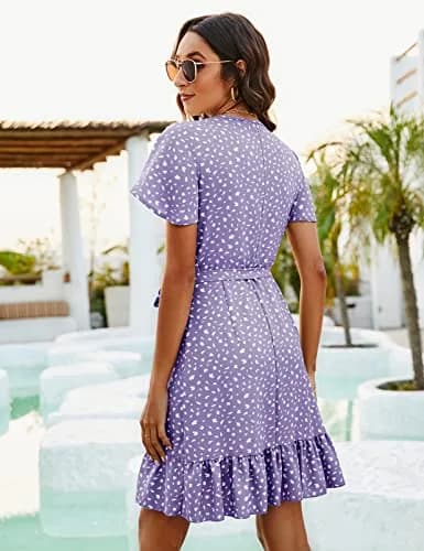 Naggoo Short Dresses for Women Wrap V Neck Floral Print Mini Dress Light Purple L | Breathable, Lightweight Summer Style thumbnail 2