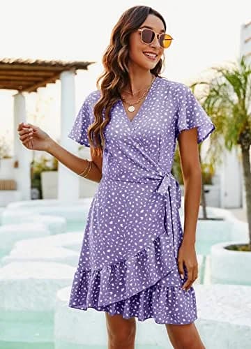 Naggoo Short Dresses for Women Wrap V Neck Floral Print Mini Dress Light Purple L | Breathable, Lightweight Summer Style thumbnail 3
