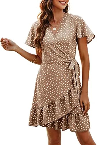 Naggoo Ladies Summer Dresses Wrap V Neck Floral Print Ruffle Short Dress Khaki M | Lightweight, Breathable & Flowy for Summer thumbnail 1