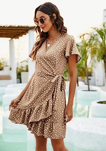 Naggoo Ladies Summer Dresses Wrap V Neck Floral Print Ruffle Short Dress Khaki M | Lightweight, Breathable & Flowy for Summer thumbnail 4