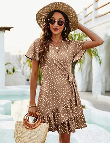 Naggoo Ladies Summer Dresses Wrap V Neck Floral Print Ruffle Short Dress Khaki M | Lightweight, Breathable & Flowy for Summer thumbnail 3