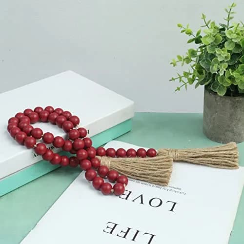 Meplait Wood Bead Garland with Tassels 39in (99cm) Burgundy | Farmhouse & Boho Decor thumbnail 4