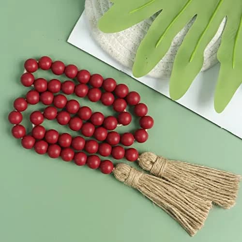 Meplait Wood Bead Garland with Tassels 39in (99cm) Burgundy | Farmhouse & Boho Decor thumbnail 2