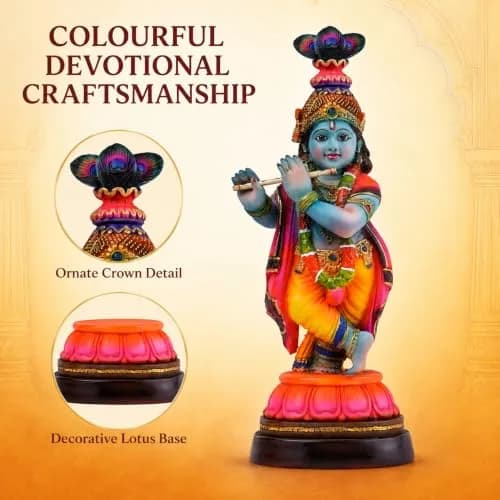 Newven Baby Krishna Idol Small Flute Statue for Home Decor, Mandir & Pooja | Colourful Devotional Murti in Traditional Attire thumbnail 4