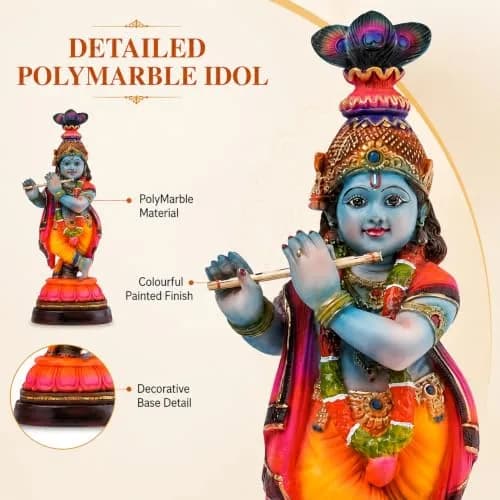 Newven Baby Krishna Idol Small Flute Statue for Home Decor, Mandir & Pooja | Colourful Devotional Murti in Traditional Attire thumbnail 8