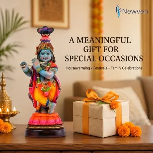 Newven Baby Krishna Idol Small Flute Statue for Home Decor, Mandir & Pooja | Colourful Devotional Murti in Traditional Attire thumbnail 9