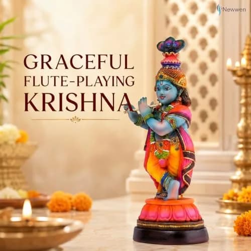 Newven Baby Krishna Idol Small Flute Statue for Home Decor, Mandir & Pooja | Colourful Devotional Murti in Traditional Attire thumbnail 2