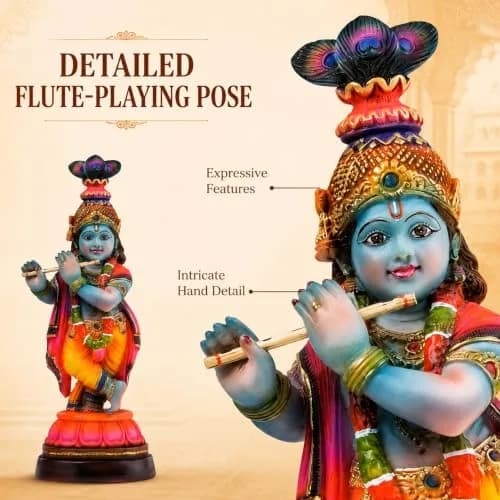 Newven Baby Krishna Idol Small Flute Statue for Home Decor, Mandir & Pooja | Colourful Devotional Murti in Traditional Attire thumbnail 3