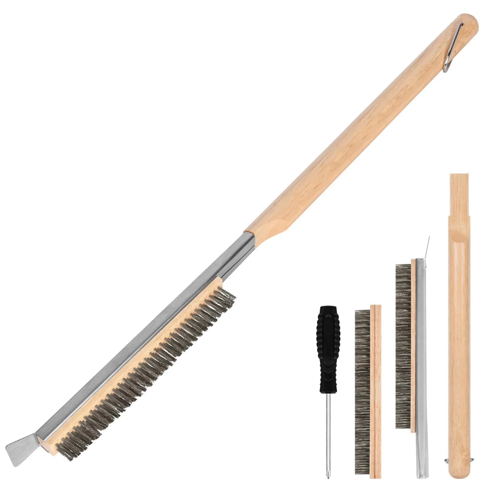 Aolso Pizza Oven Brush 26" with Stainless Steel Scraper & 2 Brush Heads | Heat-Resistant Rubber Wood Handle - main product image