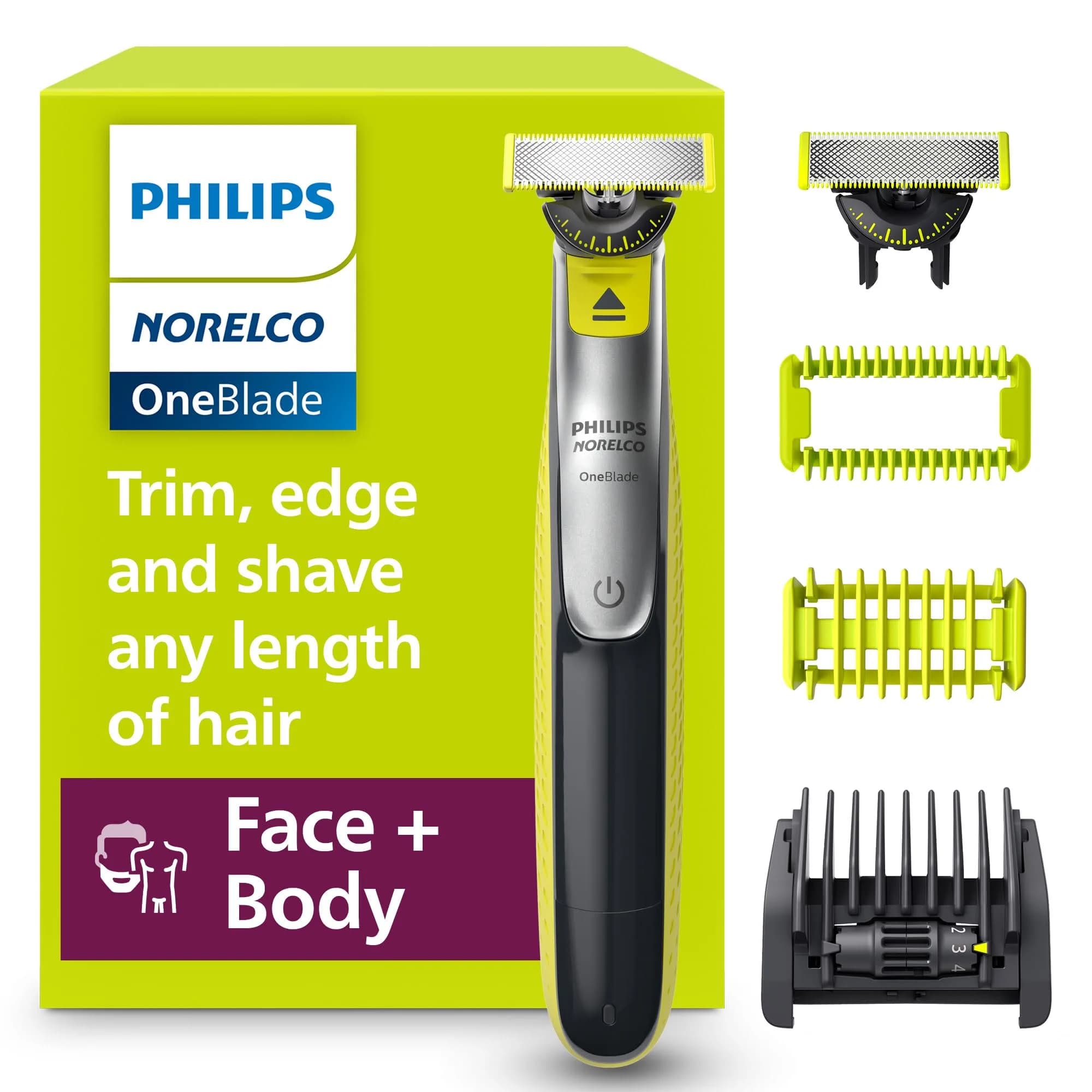 Philips Norelco OneBlade 360 Hybrid Face + Body Trimmer and Shaver | Trim, Edge & Shave Face & Body — Black/Lime Green