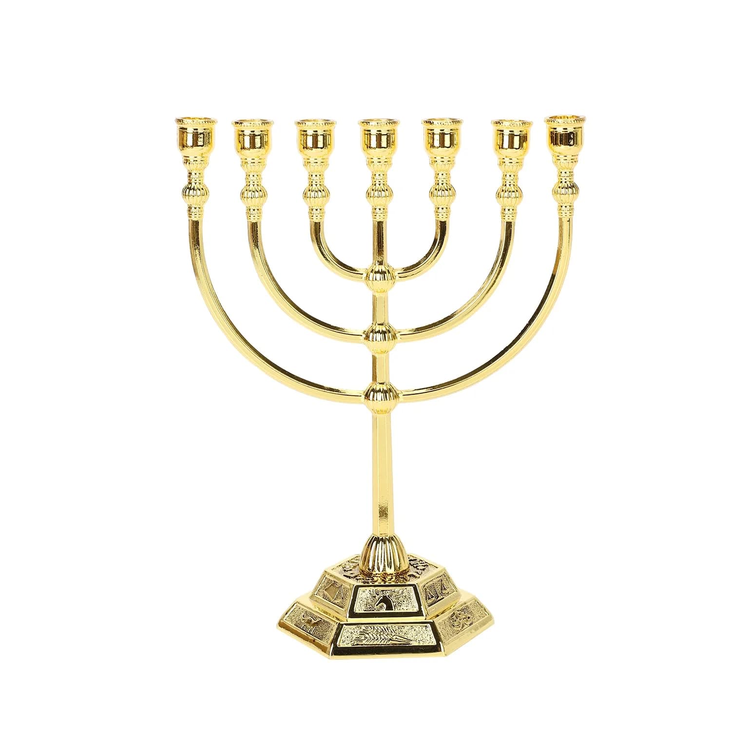 BRTAGG Gold 7 Branch Menorah 6.7 Inch | 12 Tribes of Israel Jerusalem Temple Design - main product image