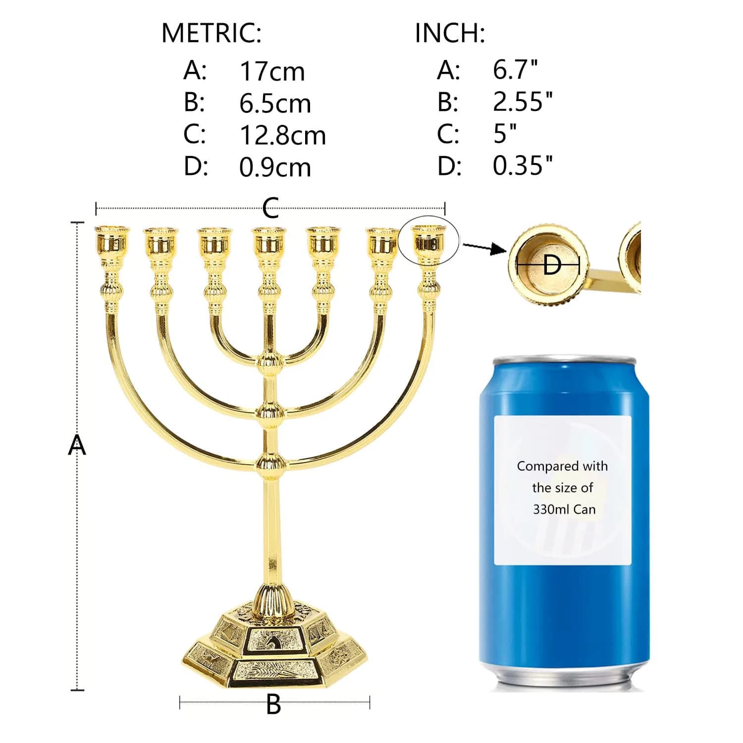BRTAGG Gold 7 Branch Menorah 6.7 Inch | 12 Tribes of Israel Jerusalem Temple Design - view 2