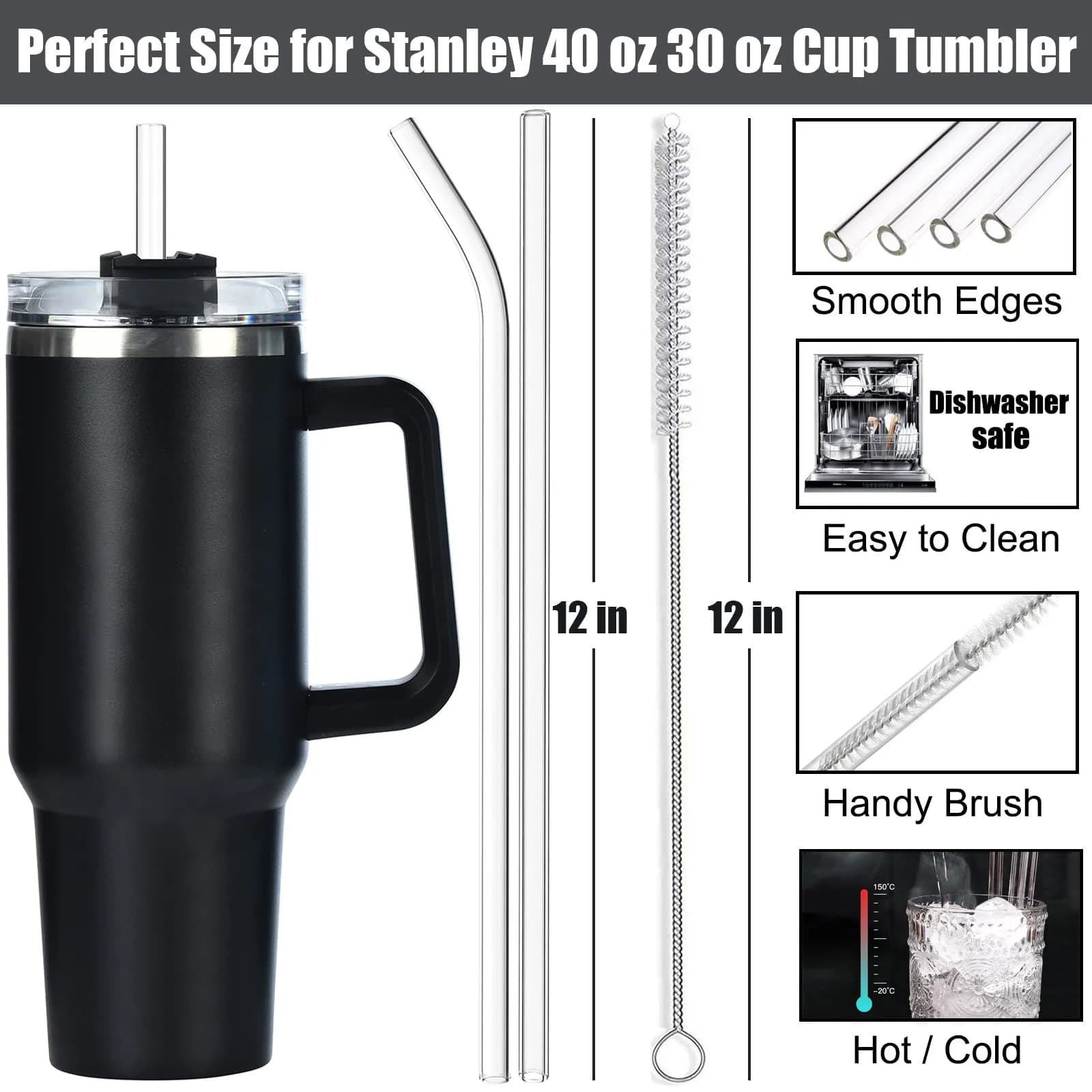 ALINK Replacement Glass Straws 8 Pack | 30.48cm (12 in) Bent & Straight for Stanley Tumblers | BPA-Free Borosilicate Glass - view 2