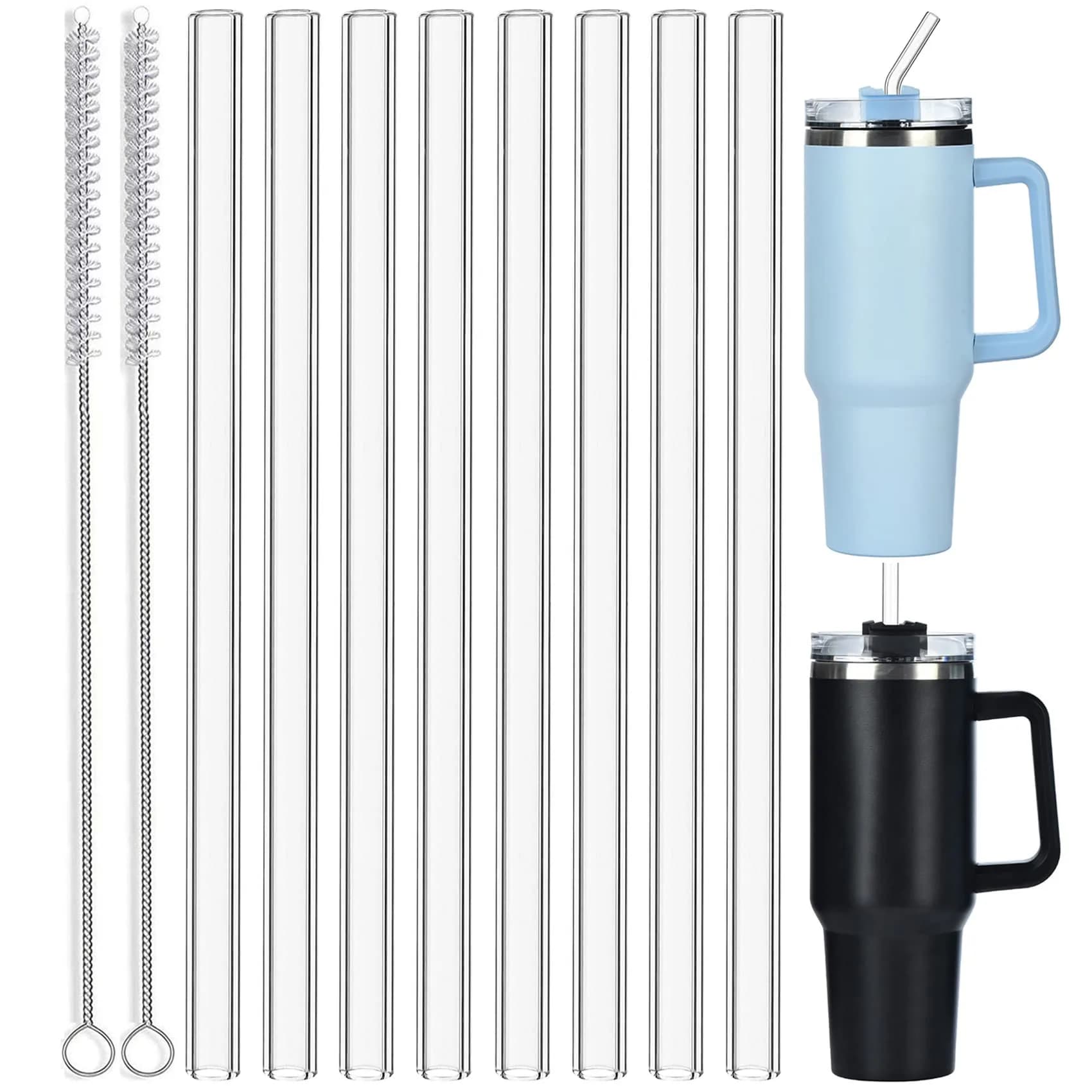ALINK Clear 8 Pack Glass Straws for Stanley Tumblers | 30cm (12 in) Reusable Borosilicate Glass Straws with 2 Brushes - main product image