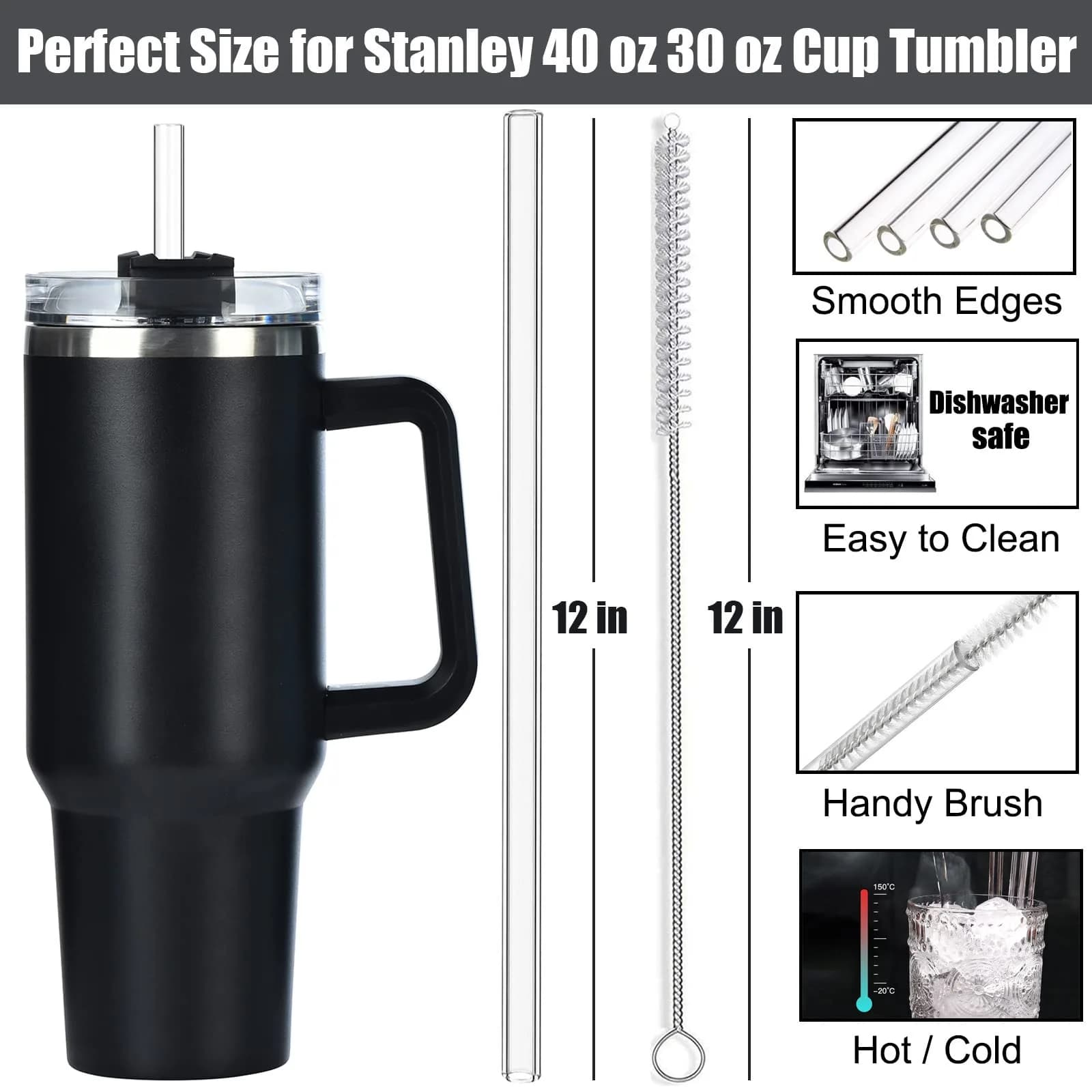 ALINK Clear 8 Pack Glass Straws for Stanley Tumblers | 30cm (12 in) Reusable Borosilicate Glass Straws with 2 Brushes - view 2