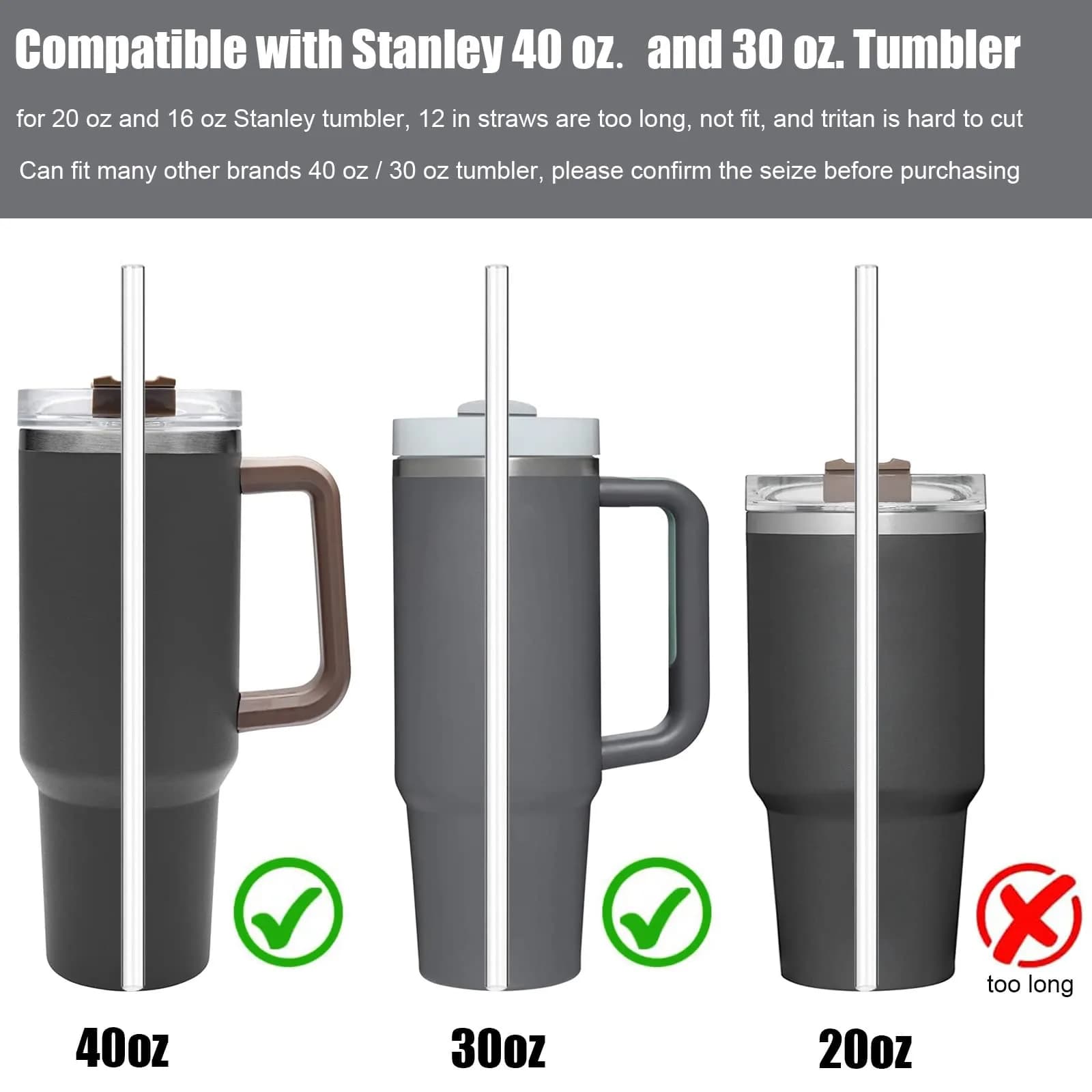 ALINK Clear 8 Pack Glass Straws for Stanley Tumblers | 30cm (12 in) Reusable Borosilicate Glass Straws with 2 Brushes - view 3