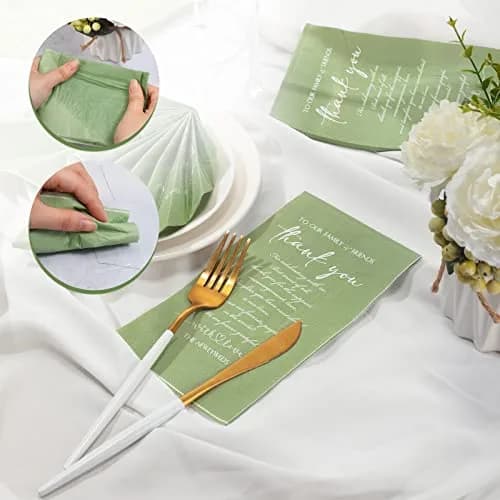 Fumete Disposable Thank You Wedding Napkins 3 Ply | Sage Green Elegant Party Tissues (13 x 15.8 inches) thumbnail 4