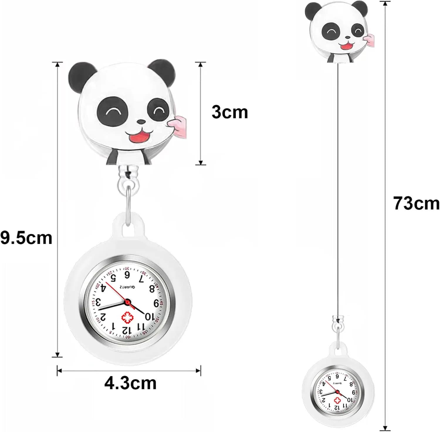 AGEN KGEN Nurse Watch White Panda Clip-On Retractable Fob Watch 4cm (1.57in) | Easy-Read Analog Dial - view 2