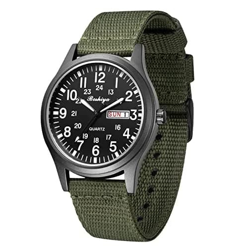 BOSHIYA Men's Military Quartz Watch 40mm (1.57 Inch) | Japanese Movement, Date Display, Waterproof Nylon Strap thumbnail 1