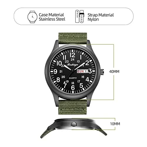 BOSHIYA Men's Military Quartz Watch 40mm (1.57 Inch) | Japanese Movement, Date Display, Waterproof Nylon Strap thumbnail 4