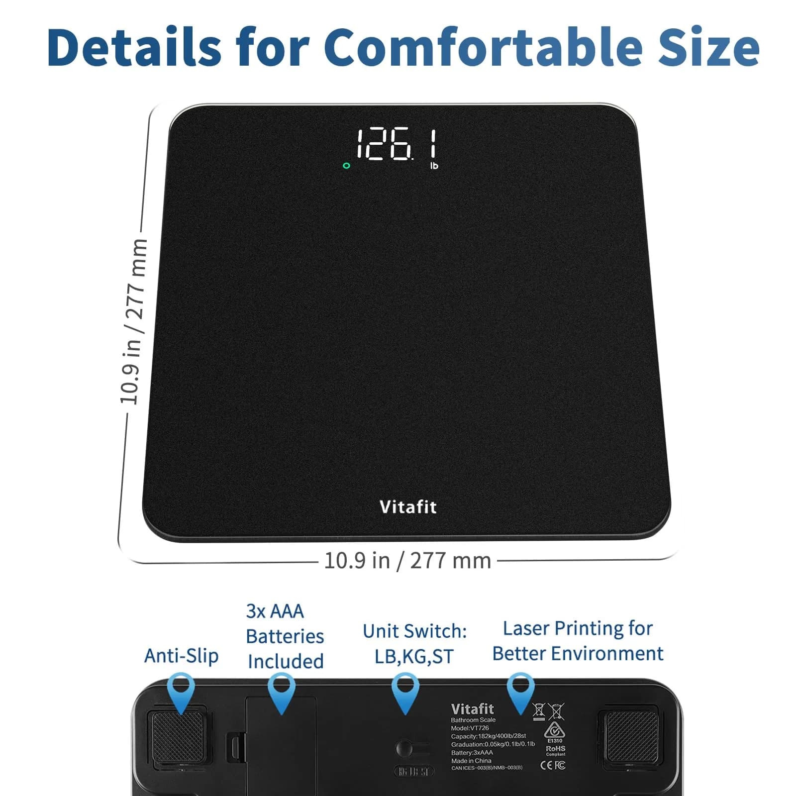 Vitafit Digital Body Weight Scale 182kg (400lb) | High Accuracy 0.1lb, LED Display, Tempered Glass - view 7