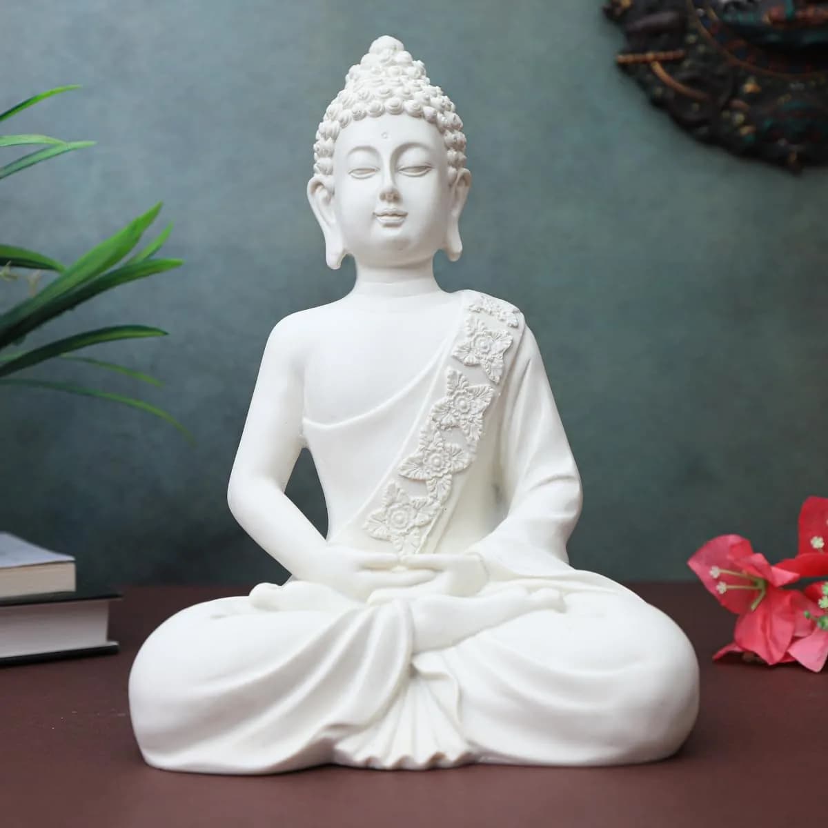 The Advitya Meditating White Buddha Statue Resin 36cm (14.2in) | Serene Home Decor Sculpture for Prayer, Yoga, and Goodluck — Standard