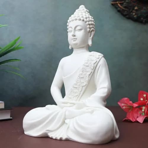 The Advitya Meditating White Buddha Statue Resin 36cm (14.2in) | Serene Home Decor Sculpture for Prayer, Yoga, and Goodluck thumbnail 4
