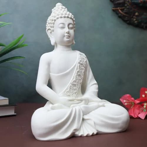 The Advitya Meditating White Buddha Statue Resin 36cm (14.2in) | Serene Home Decor Sculpture for Prayer, Yoga, and Goodluck thumbnail 2