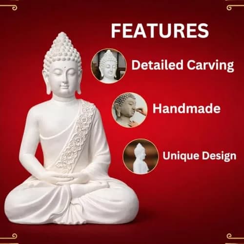 The Advitya Meditating White Buddha Statue Resin 36cm (14.2in) | Serene Home Decor Sculpture for Prayer, Yoga, and Goodluck thumbnail 3