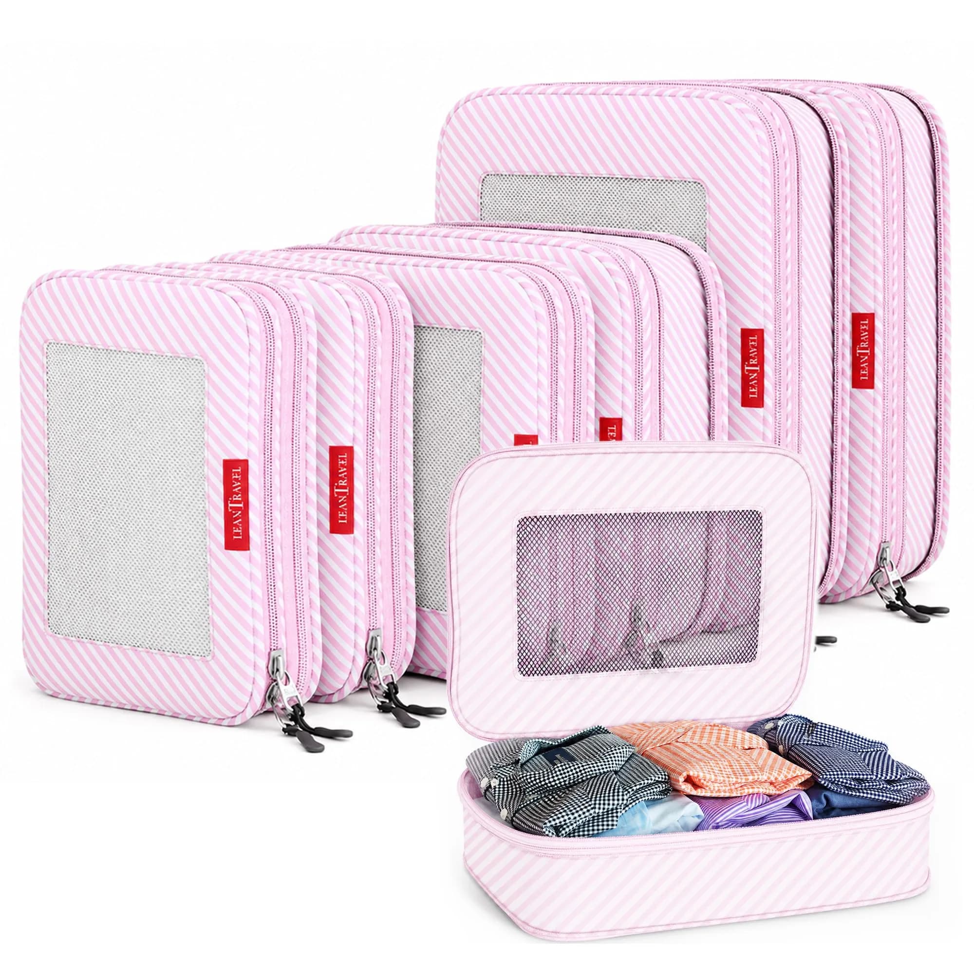 LeanTravel Premium Compression Packing Cubes for Travel - Suitcase Organizer Bags with Double Zipper & Breathable Mesh Panel - Space Saving Carry On Luggage Essentials (6-Pack, Pink Stripes) - main product image