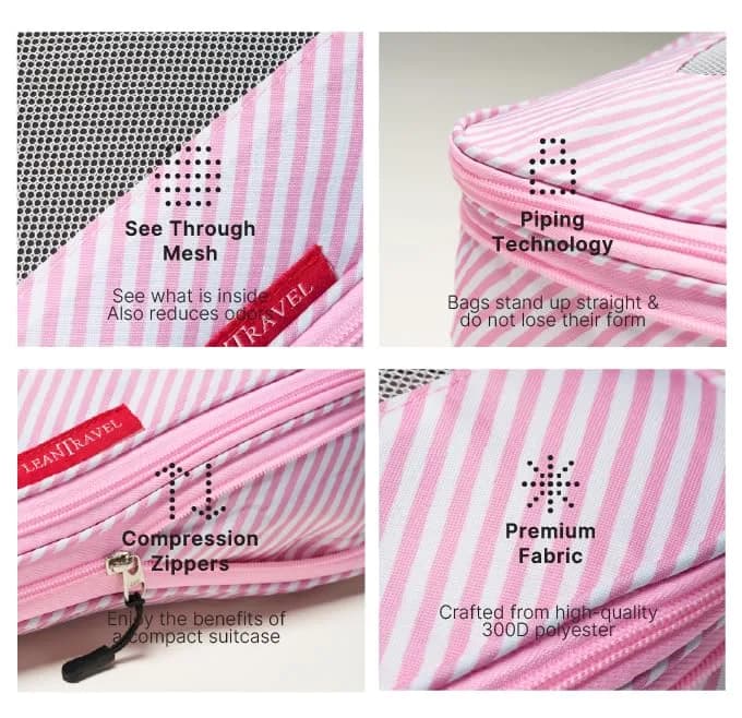 LeanTravel Premium Compression Packing Cubes for Travel - Suitcase Organizer Bags with Double Zipper & Breathable Mesh Panel - Space Saving Carry On Luggage Essentials (6-Pack, Pink Stripes) - view 5