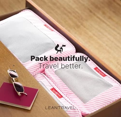 LeanTravel Premium Compression Packing Cubes for Travel - Suitcase Organizer Bags with Double Zipper & Breathable Mesh Panel - Space Saving Carry On Luggage Essentials (6-Pack, Pink Stripes) thumbnail 7