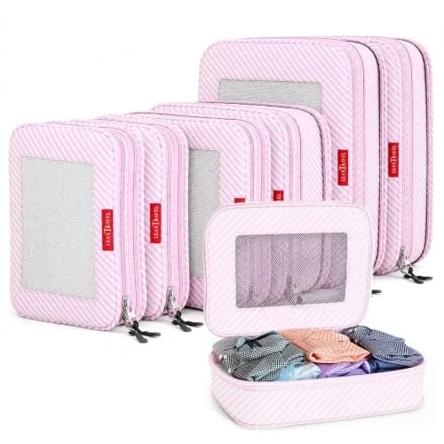 LeanTravel Premium Compression Packing Cubes for Travel - Suitcase Organizer Bags with Double Zipper & Breathable Mesh Panel - Space Saving Carry On Luggage Essentials (6-Pack, Pink Stripes) thumbnail 1