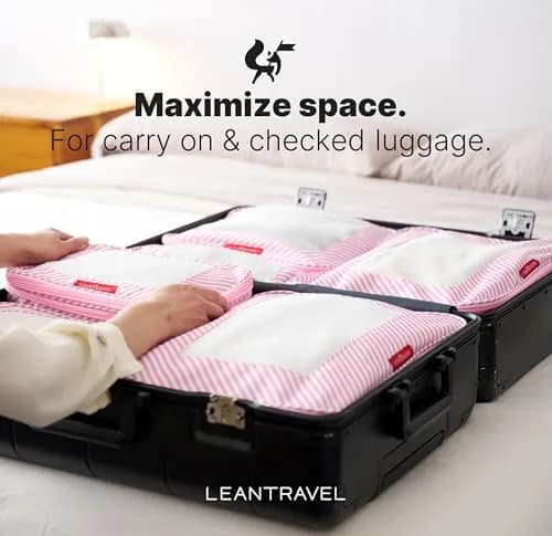 LeanTravel Premium Compression Packing Cubes for Travel - Suitcase Organizer Bags with Double Zipper & Breathable Mesh Panel - Space Saving Carry On Luggage Essentials (6-Pack, Pink Stripes) thumbnail 8