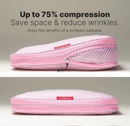 LeanTravel Premium Compression Packing Cubes for Travel - Suitcase Organizer Bags with Double Zipper & Breathable Mesh Panel - Space Saving Carry On Luggage Essentials (6-Pack, Pink Stripes) thumbnail 3