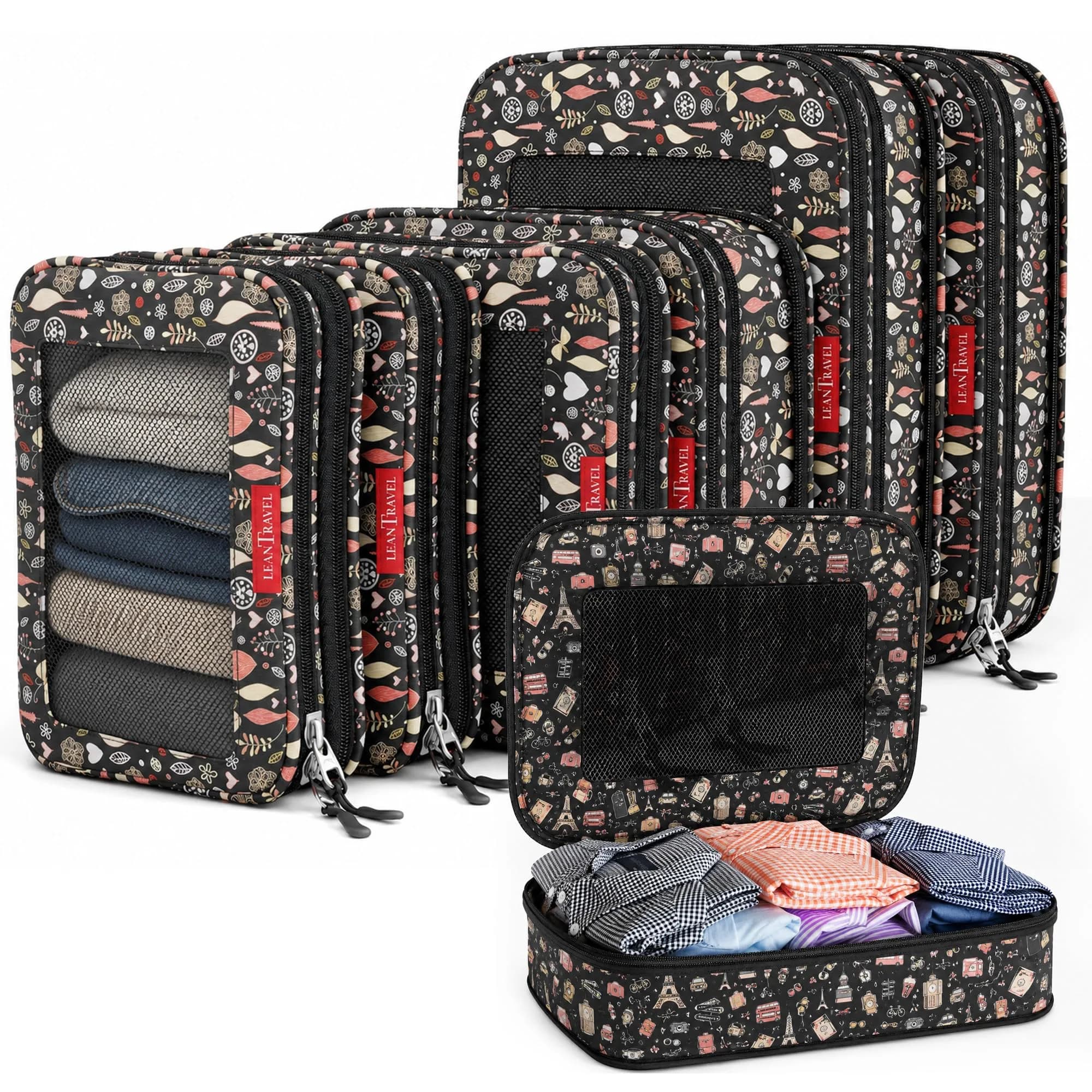 LeanTravel Compression Packing Cubes for Travel - Set of 6 Organizer Bags with Flowers Print - main product image