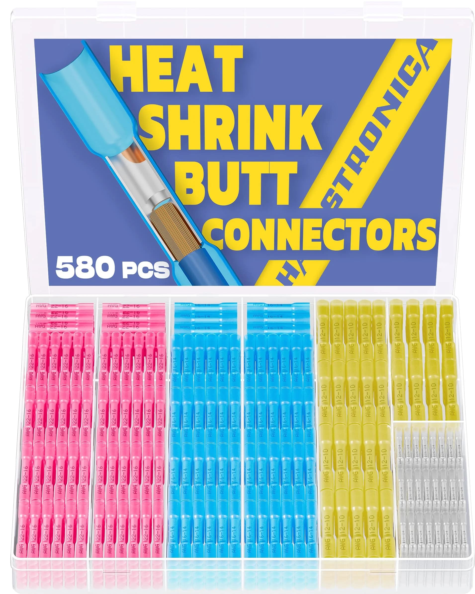 haisstronica 580PCS Heat Shrink Butt Connectors, 22-10 AWG | Waterproof, Copper Core, Polyolefin Tubing