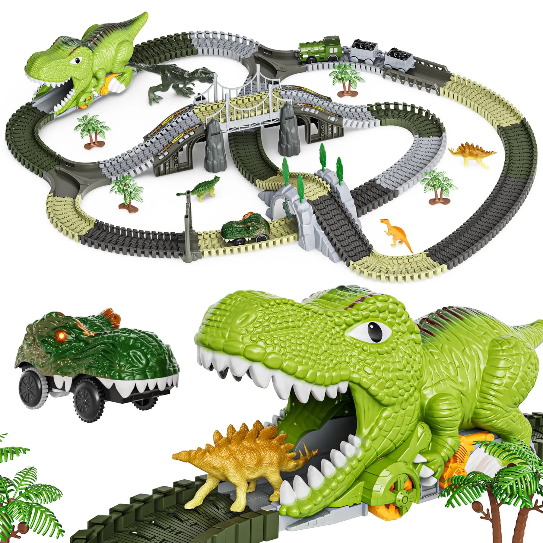 TUMAMA Dinosaur Toys Race Track 281 Pcs | Flexible Track with 4 Dinosaurs & Electric Cars - main product image