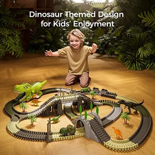 TUMAMA Dinosaur Toys Race Track 281 Pcs | Flexible Track with 4 Dinosaurs & Electric Cars thumbnail 2