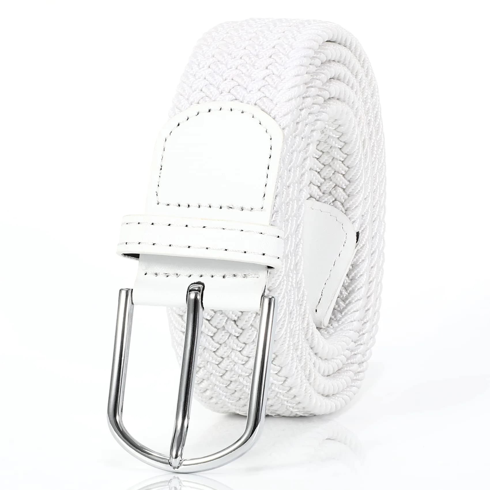 XZQTIVE Braided Stretch Golf Belt for Men, Elastic Woven Casual Belt 3.5cm (1.38in) Wide, White, Fits Waist 38-42in | No-Hole Design