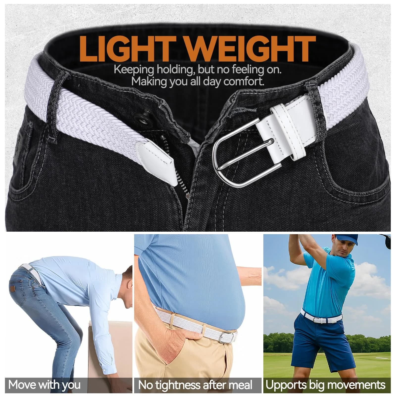 XZQTIVE Braided Stretch Golf Belt for Men, Elastic Woven Casual Belt 3.5cm (1.38in) Wide, White, Fits Waist 38-42in | No-Hole Design - view 5