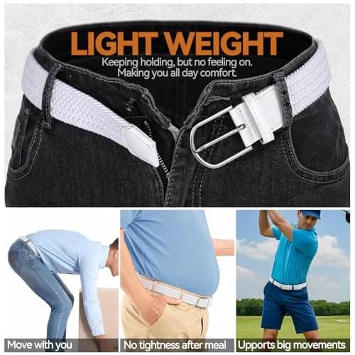 XZQTIVE Braided Stretch Golf Belt for Men, Elastic Woven Casual Belt 3.5cm (1.38in) Wide, White, Fits Waist 38-42in | No-Hole Design thumbnail 5