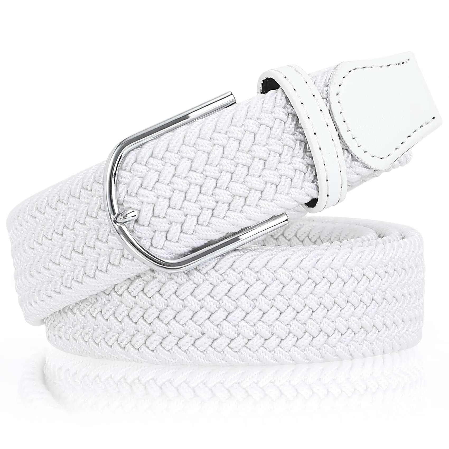 XZQTIVE Braided Stretch Golf Belt for Men, Elastic Woven Casual Belt 3.5cm (1.38in) Wide, White, Fits Waist 38-42in | No-Hole Design - view 2