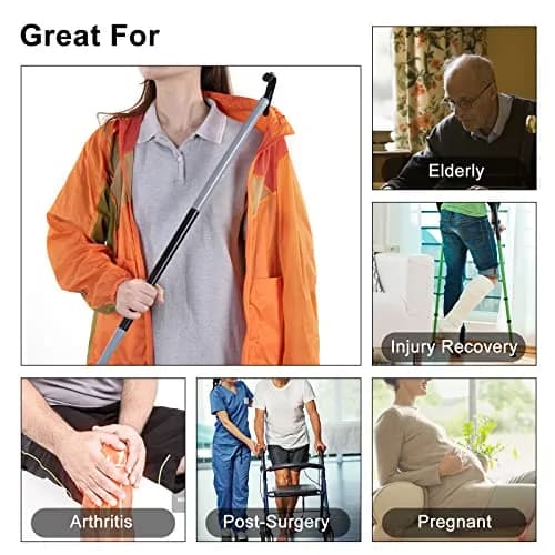JJDPARTS 35" Long Dressing Stick with Shoe Horn & Sock Removal Tool | Adjustable Extended Dressing Aid for Shoes, Socks, Shirts, Pants (Grey/Black) thumbnail 7