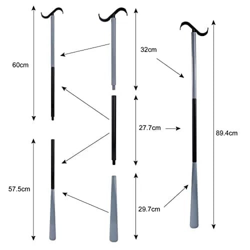 JJDPARTS 35" Long Dressing Stick with Shoe Horn & Sock Removal Tool | Adjustable Extended Dressing Aid for Shoes, Socks, Shirts, Pants (Grey/Black) thumbnail 2