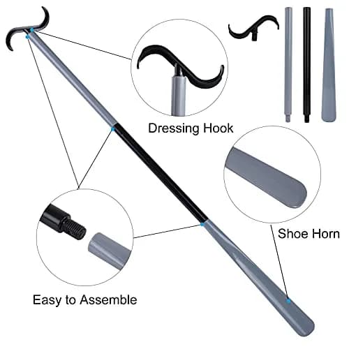 JJDPARTS 35" Long Dressing Stick with Shoe Horn & Sock Removal Tool | Adjustable Extended Dressing Aid for Shoes, Socks, Shirts, Pants (Grey/Black) thumbnail 3