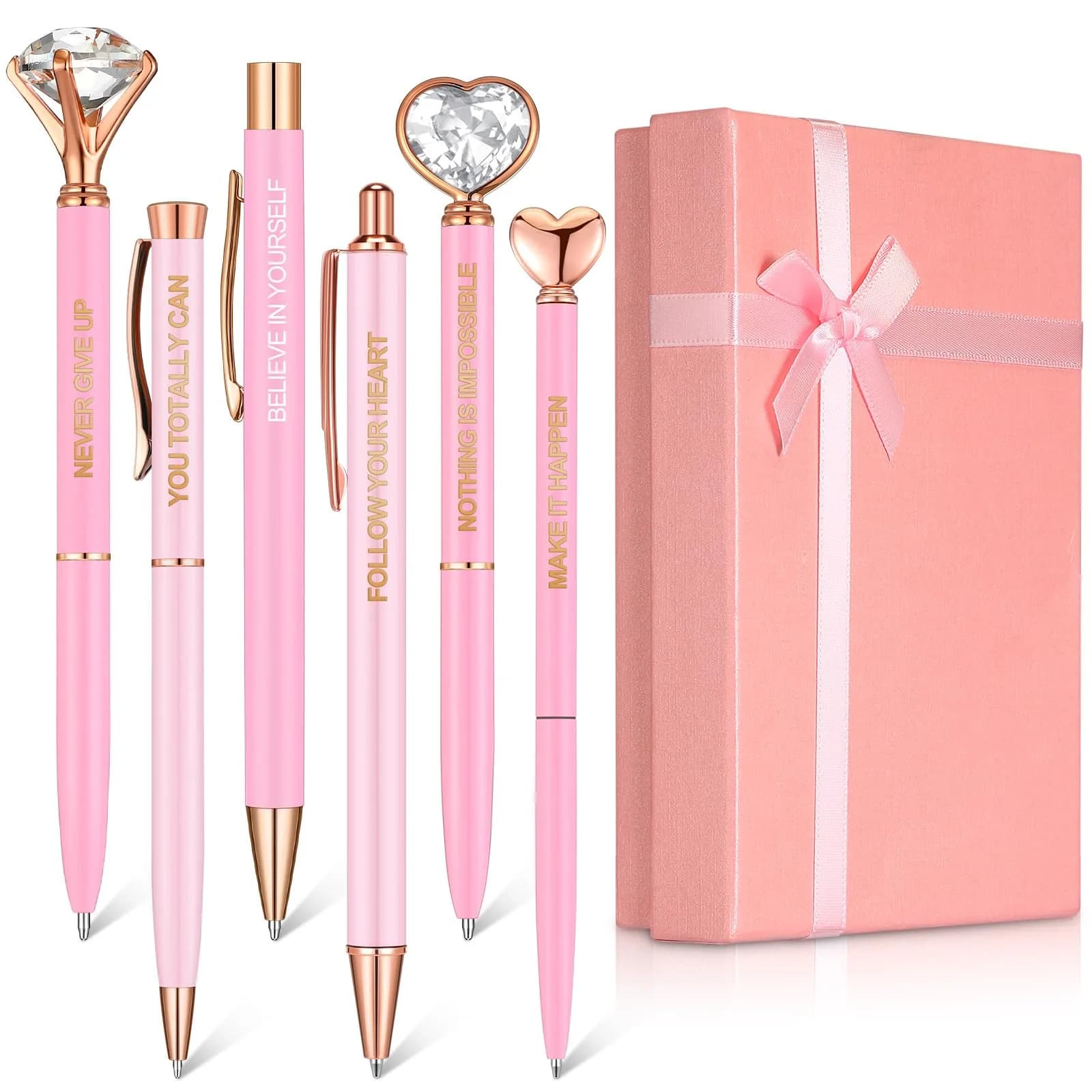 Yeaqee Pink 6 Pcs Inspirational Pens Diamond Crystal Ballpoint Pen | Elegant, Lightweight & Vibrant